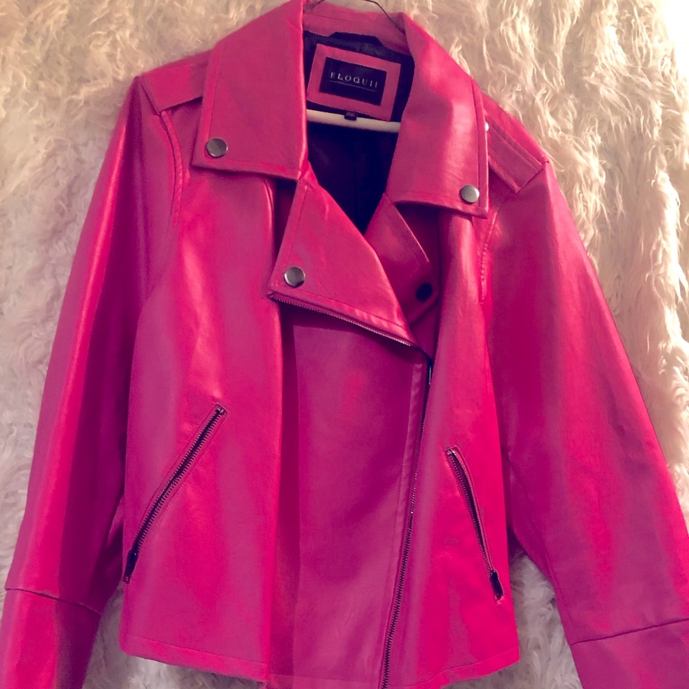 A Stylish Fun Eloquii faux Leather hot pink jacket.